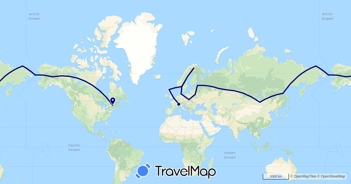 TravelMap itinerary: driving in Belarus, Canada, Switzerland, Germany, Finland, United Kingdom, Mongolia, Norway, Poland, Russia, United States (Asia, Europe, North America)